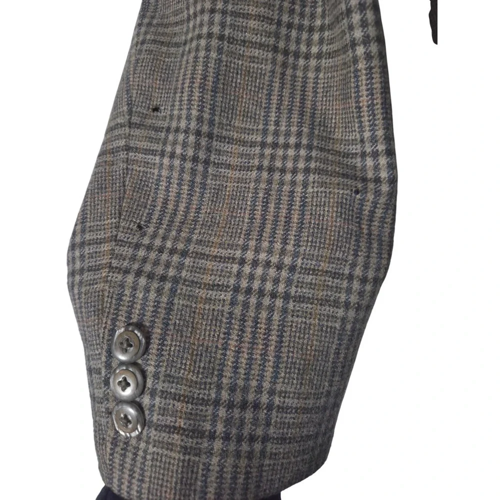 Vintage Plaid Blazer Sport Coat Brown Blue Gray Single Breasted Casual